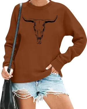 UNIQUEONE Boho Cow Skull Sweatshirt Women Cowgirl Shirt Rodeo Western Country Concert Outfits Nashville Graphic Pullover Tops