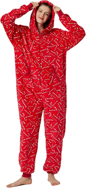 Unisex Christmas Onesie Pajamas Hooded Comfy Flannel Zipper One Piece Sleepwear Matching Jumpsuit for Family Couples