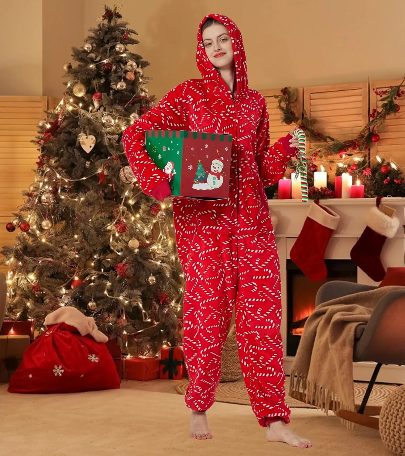 Unisex Christmas Onesie Pajamas Hooded Comfy Flannel Zipper One Piece Sleepwear Matching Jumpsuit for Family Couples