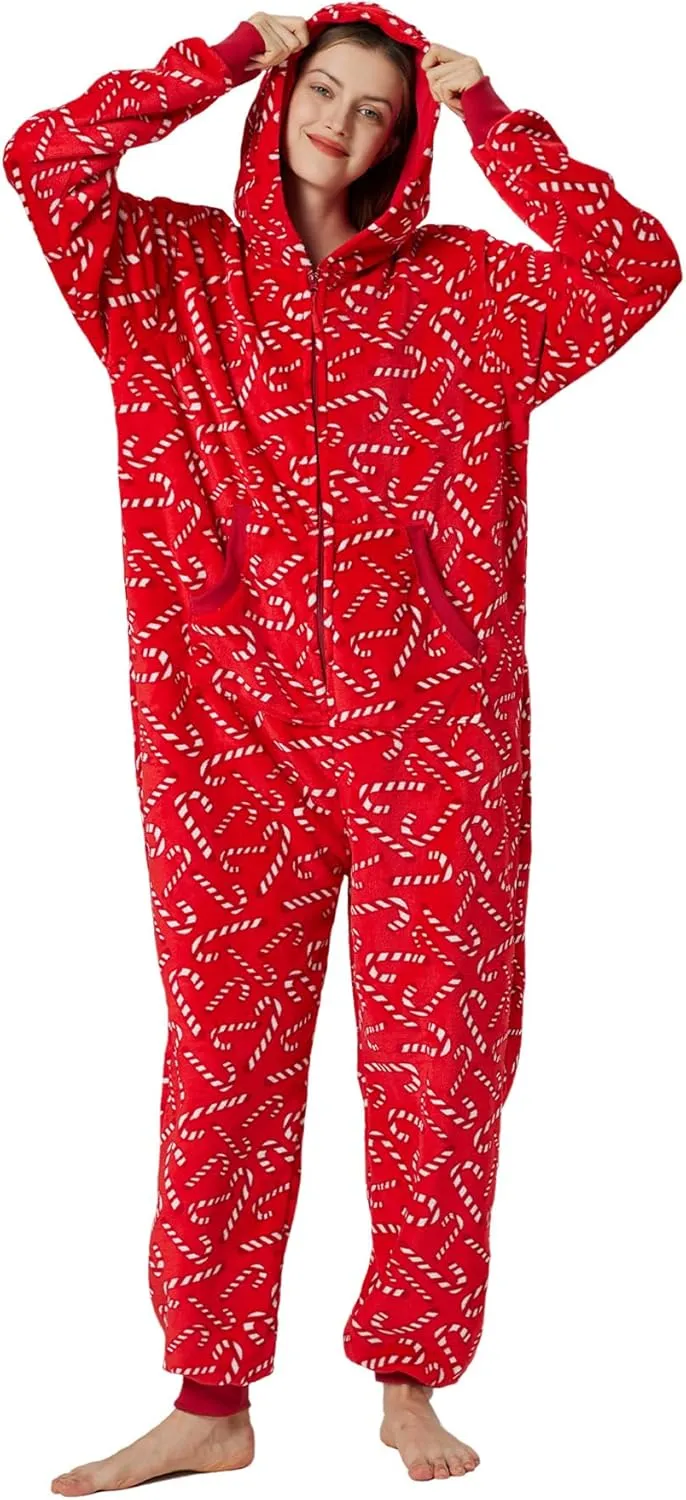 Unisex Christmas Onesie Pajamas Hooded Comfy Flannel Zipper One Piece Sleepwear Matching Jumpsuit for Family Couples