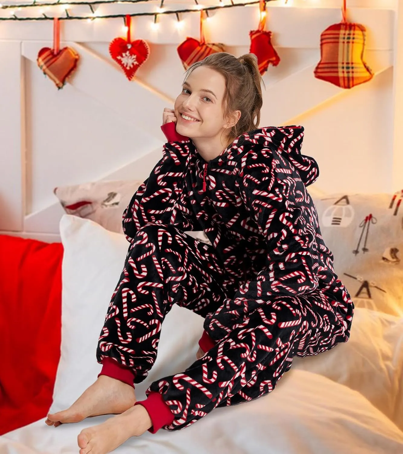 Unisex Christmas Onesie Pajamas Hooded Comfy Flannel Zipper One Piece Sleepwear Matching Jumpsuit for Family Couples