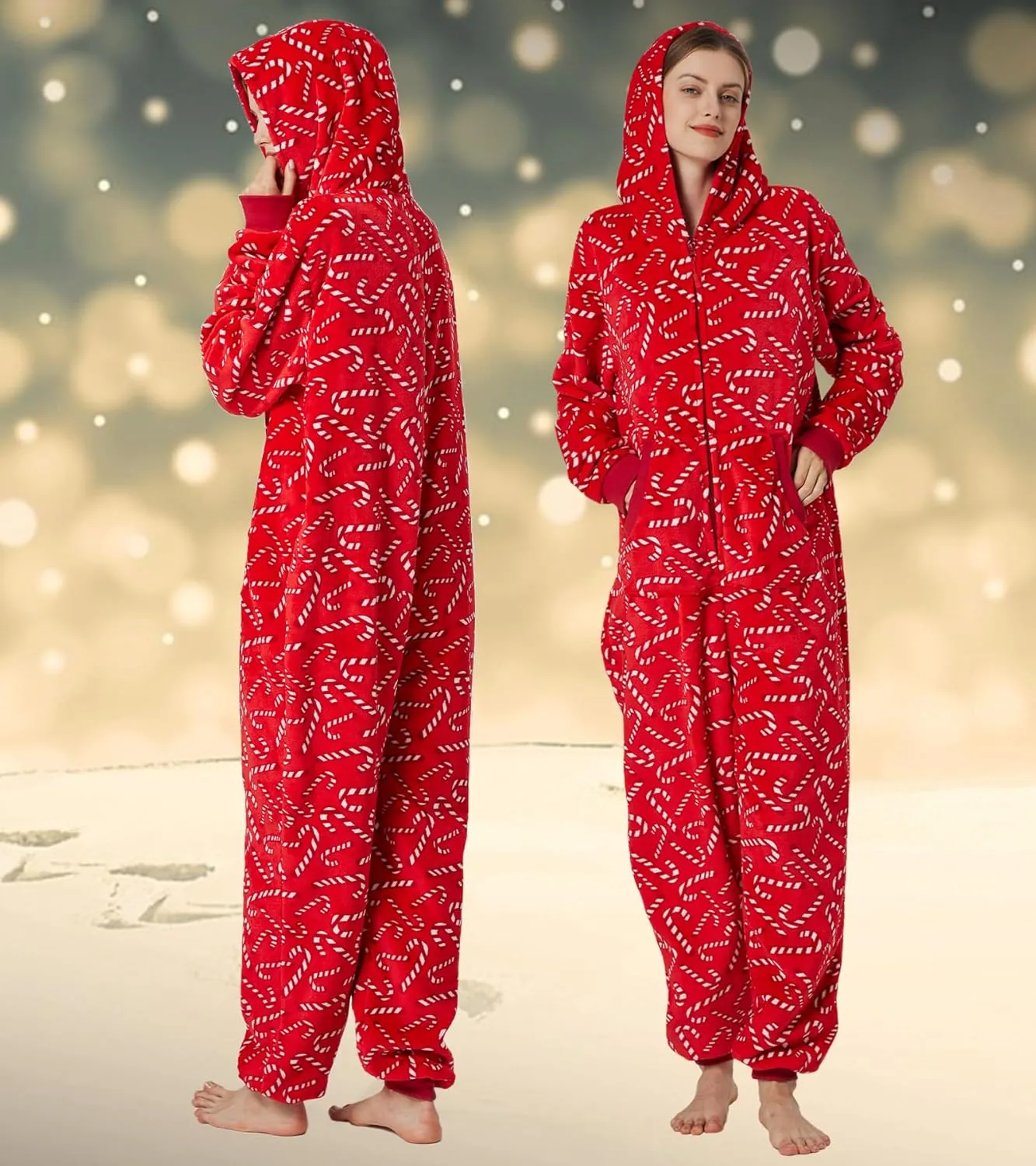 Unisex Christmas Onesie Pajamas Hooded Comfy Flannel Zipper One Piece Sleepwear Matching Jumpsuit for Family Couples