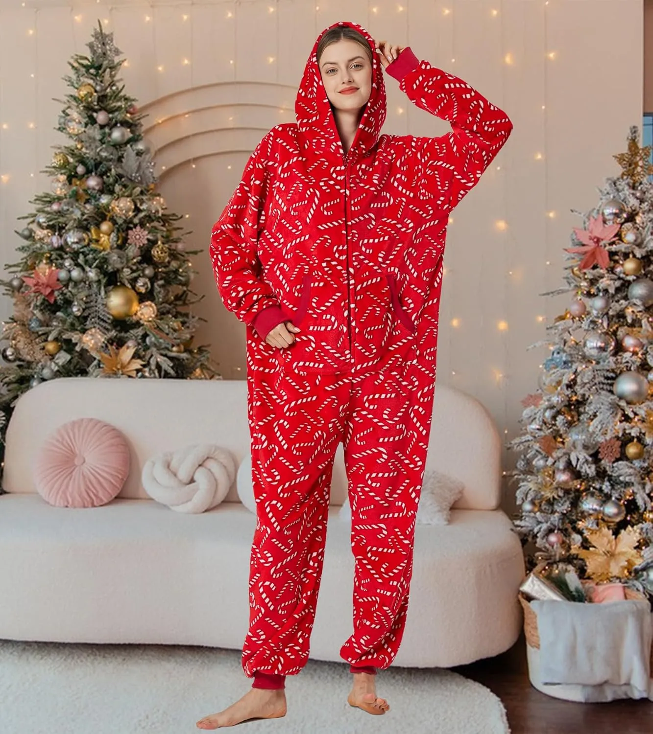 Unisex Christmas Onesie Pajamas Hooded Comfy Flannel Zipper One Piece Sleepwear Matching Jumpsuit for Family Couples