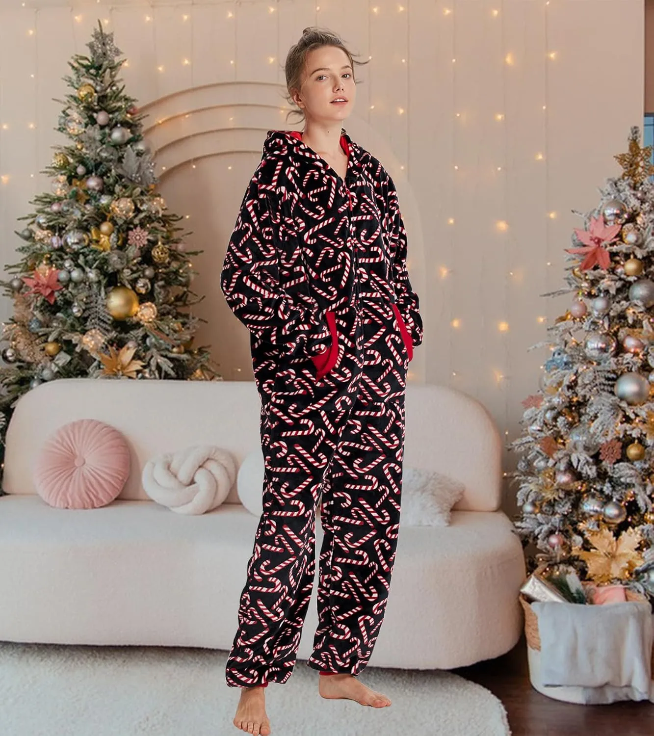 Unisex Christmas Onesie Pajamas Hooded Comfy Flannel Zipper One Piece Sleepwear Matching Jumpsuit for Family Couples