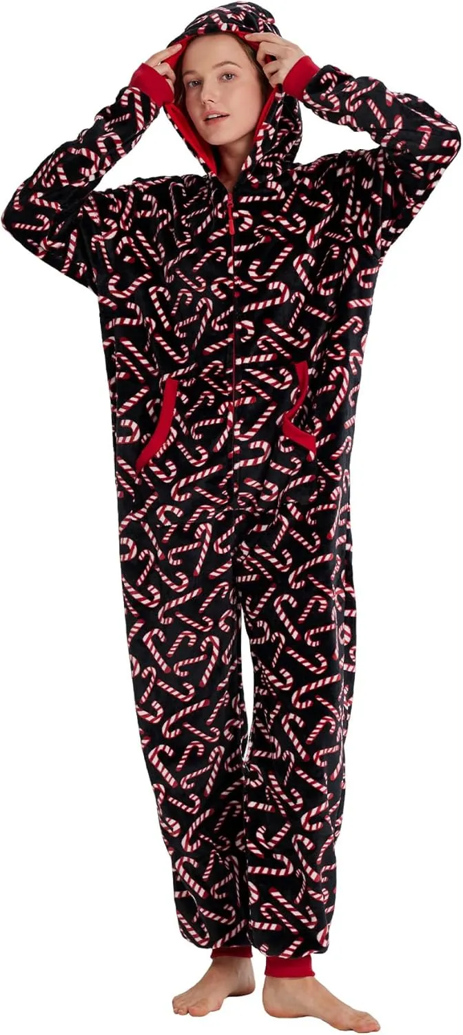 Unisex Christmas Onesie Pajamas Hooded Comfy Flannel Zipper One Piece Sleepwear Matching Jumpsuit for Family Couples