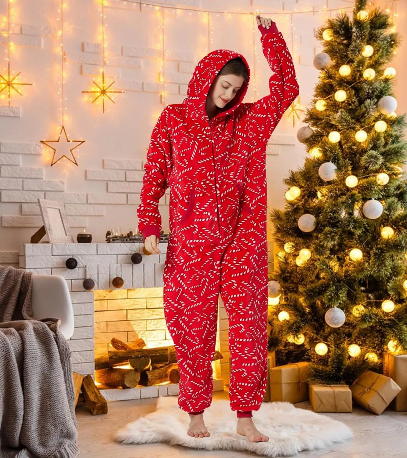 Unisex Christmas Onesie Pajamas Hooded Comfy Flannel Zipper One Piece Sleepwear Matching Jumpsuit for Family Couples