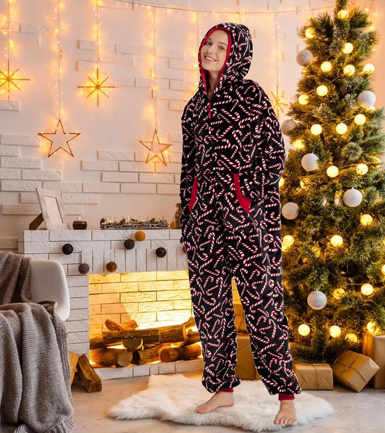 Unisex Christmas Onesie Pajamas Hooded Comfy Flannel Zipper One Piece Sleepwear Matching Jumpsuit for Family Couples