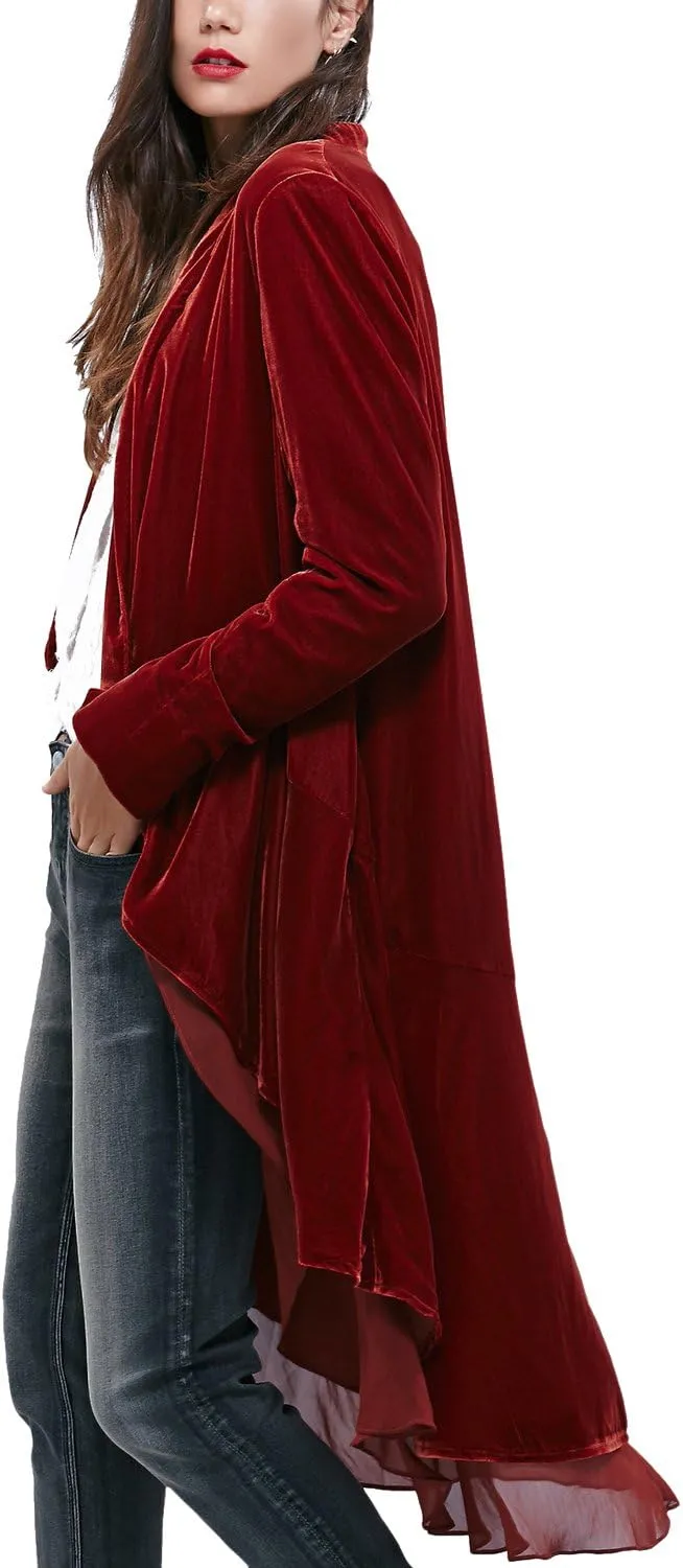 Urban CoCo Women's Long Sleeve Velvet Cardigan Coat with Asymmetric Chiffon Hem