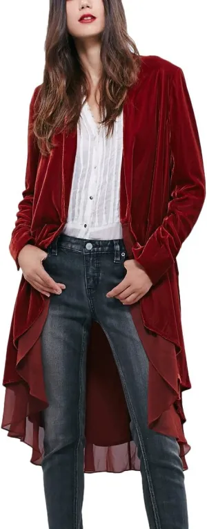 Urban CoCo Women's Long Sleeve Velvet Cardigan Coat with Asymmetric Chiffon Hem