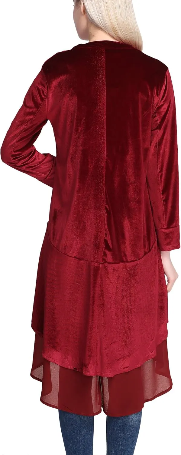 Urban CoCo Women's Long Sleeve Velvet Cardigan Coat with Asymmetric Chiffon Hem