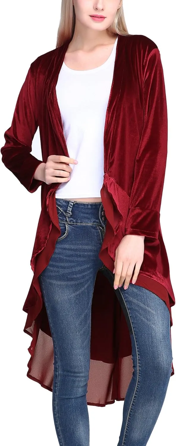 Urban CoCo Women's Long Sleeve Velvet Cardigan Coat with Asymmetric Chiffon Hem