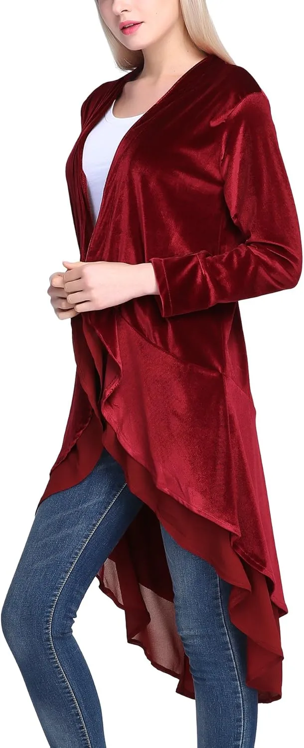 Urban CoCo Women's Long Sleeve Velvet Cardigan Coat with Asymmetric Chiffon Hem