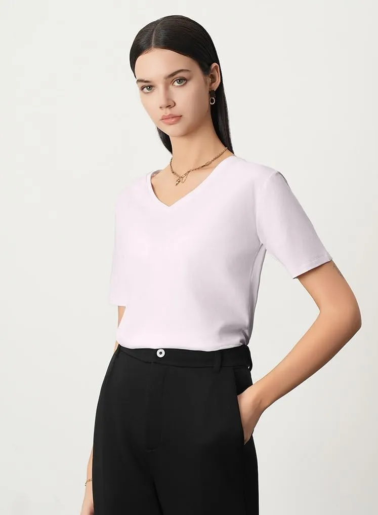 V Neck T Shirts Women Simplicity Loose Fitting Classic Solid Color Undershirt Sweat Absorption Breathable