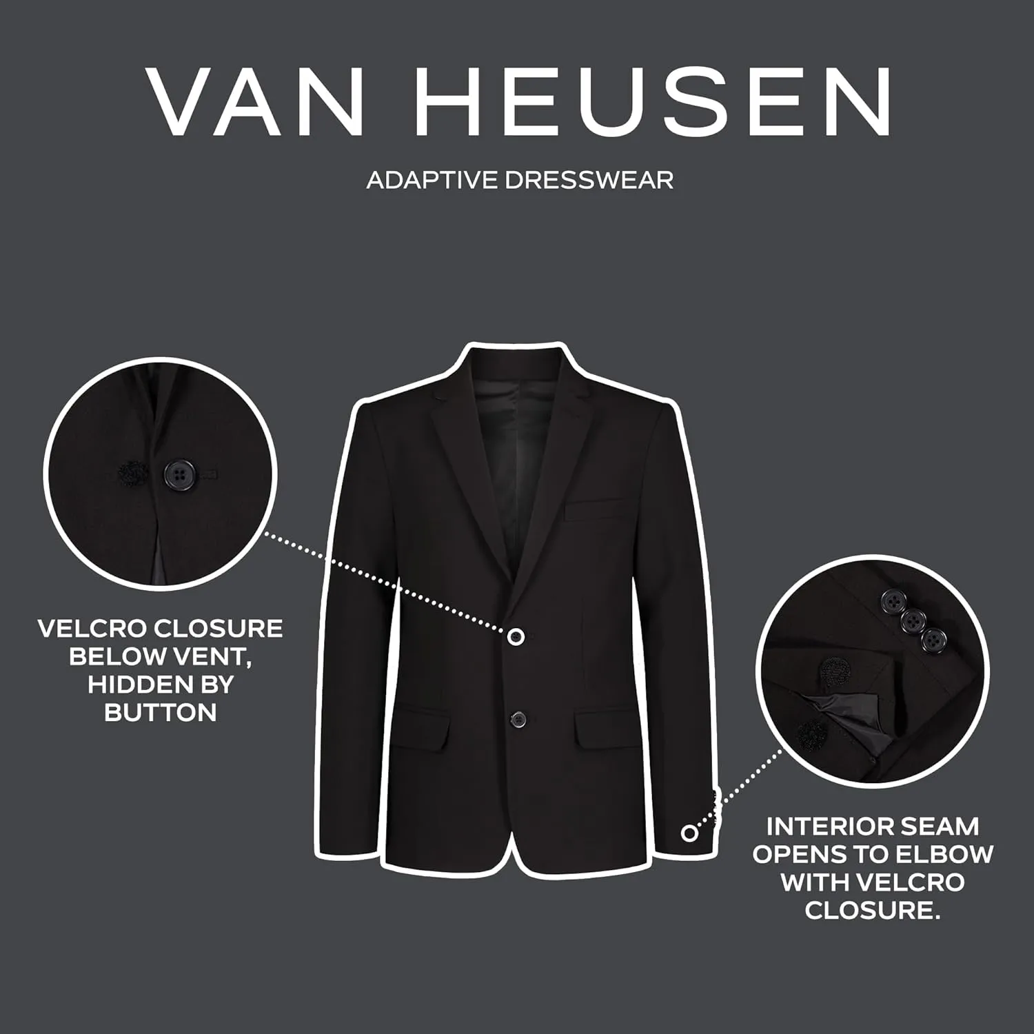 Van Heusen Boys' Adaptive Flex Stretch Suit Jacket, Faux Buttons & Velcro Closure