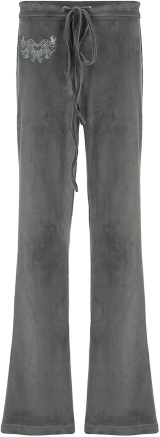Velvet Star Rhinestone Flare Pants for Women, Bootcut Low Rise Drawstring Bell Bottoms, Y2K Streetwear