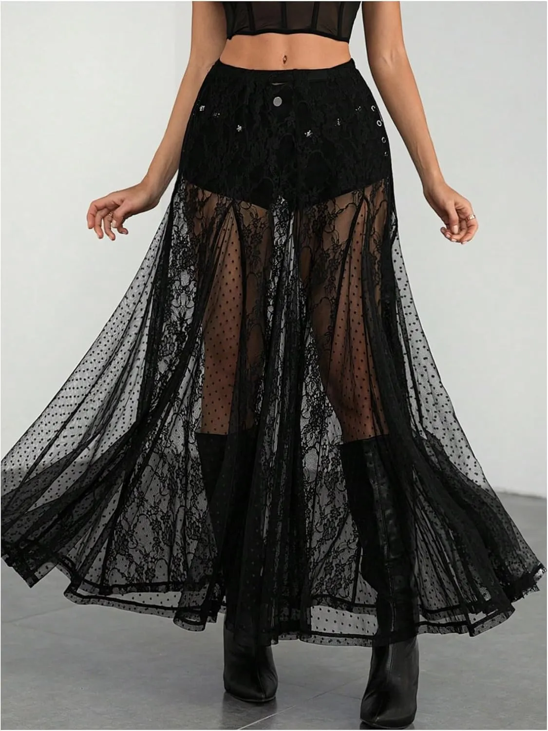 Verdusa Women's Contrast Lace Sheer Long Skirts A Line Low Waist Flared Flowy Skirt