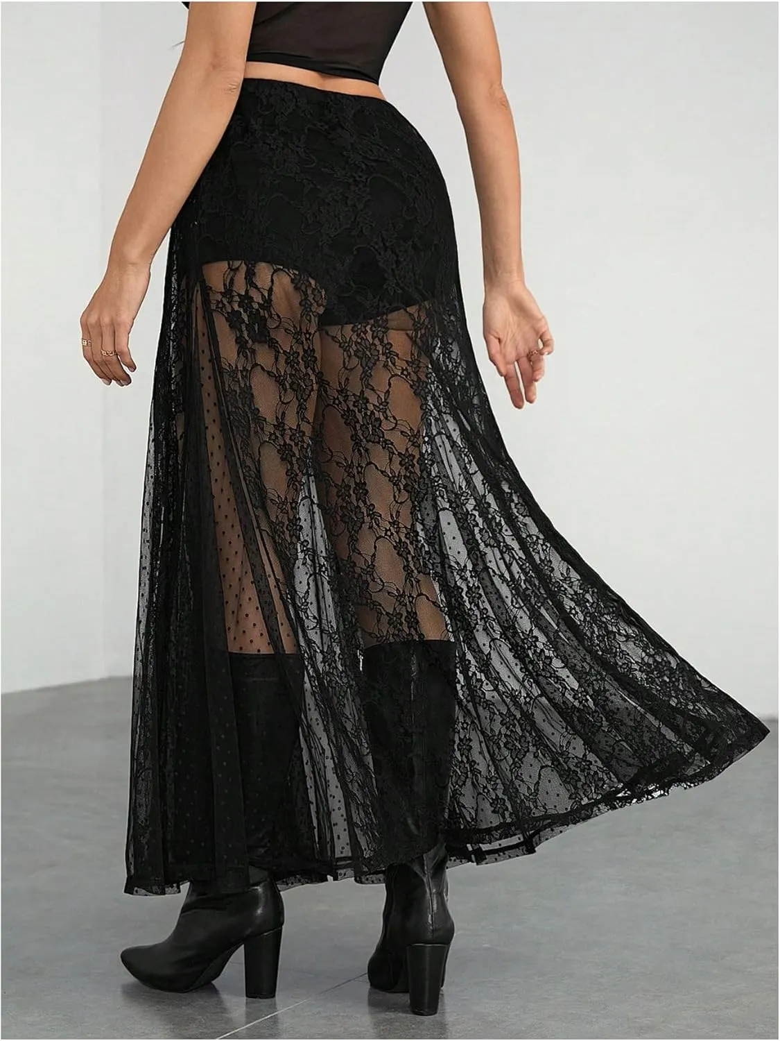 Verdusa Women's Contrast Lace Sheer Long Skirts A Line Low Waist Flared Flowy Skirt