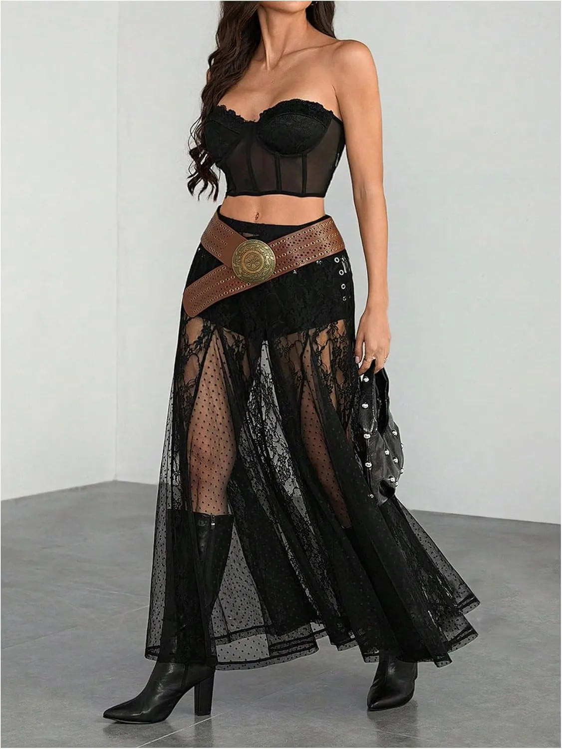 Verdusa Women's Contrast Lace Sheer Long Skirts A Line Low Waist Flared Flowy Skirt