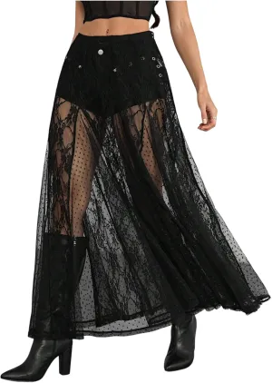 Verdusa Women's Contrast Lace Sheer Long Skirts A Line Low Waist Flared Flowy Skirt