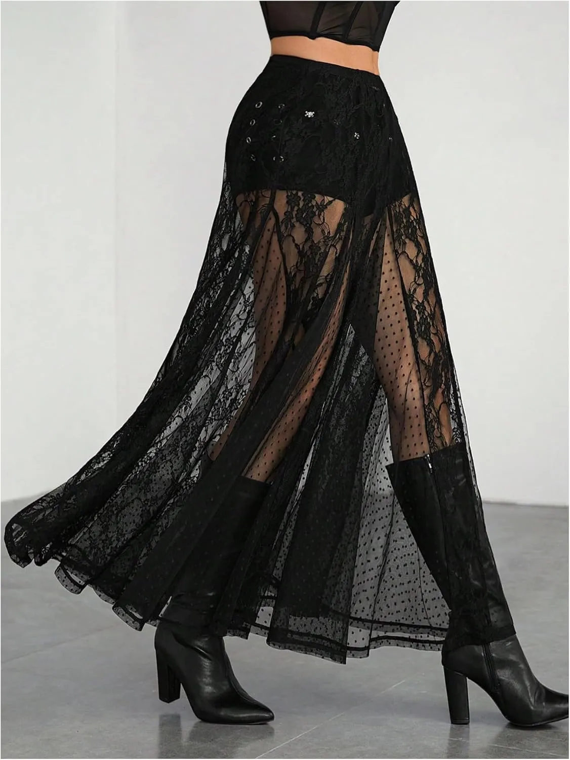 Verdusa Women's Contrast Lace Sheer Long Skirts A Line Low Waist Flared Flowy Skirt