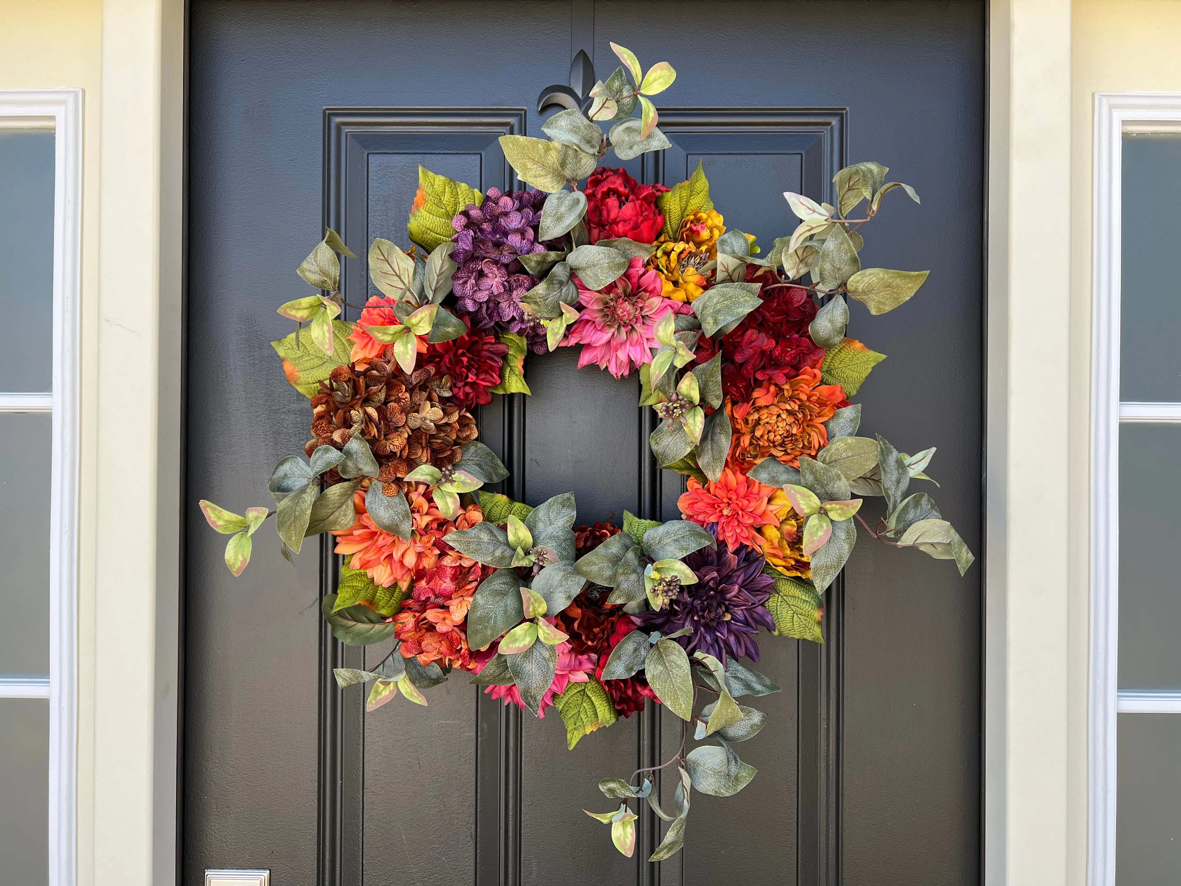 Vibrant Fall Front Door Wreath with Florals and Eucalyptus