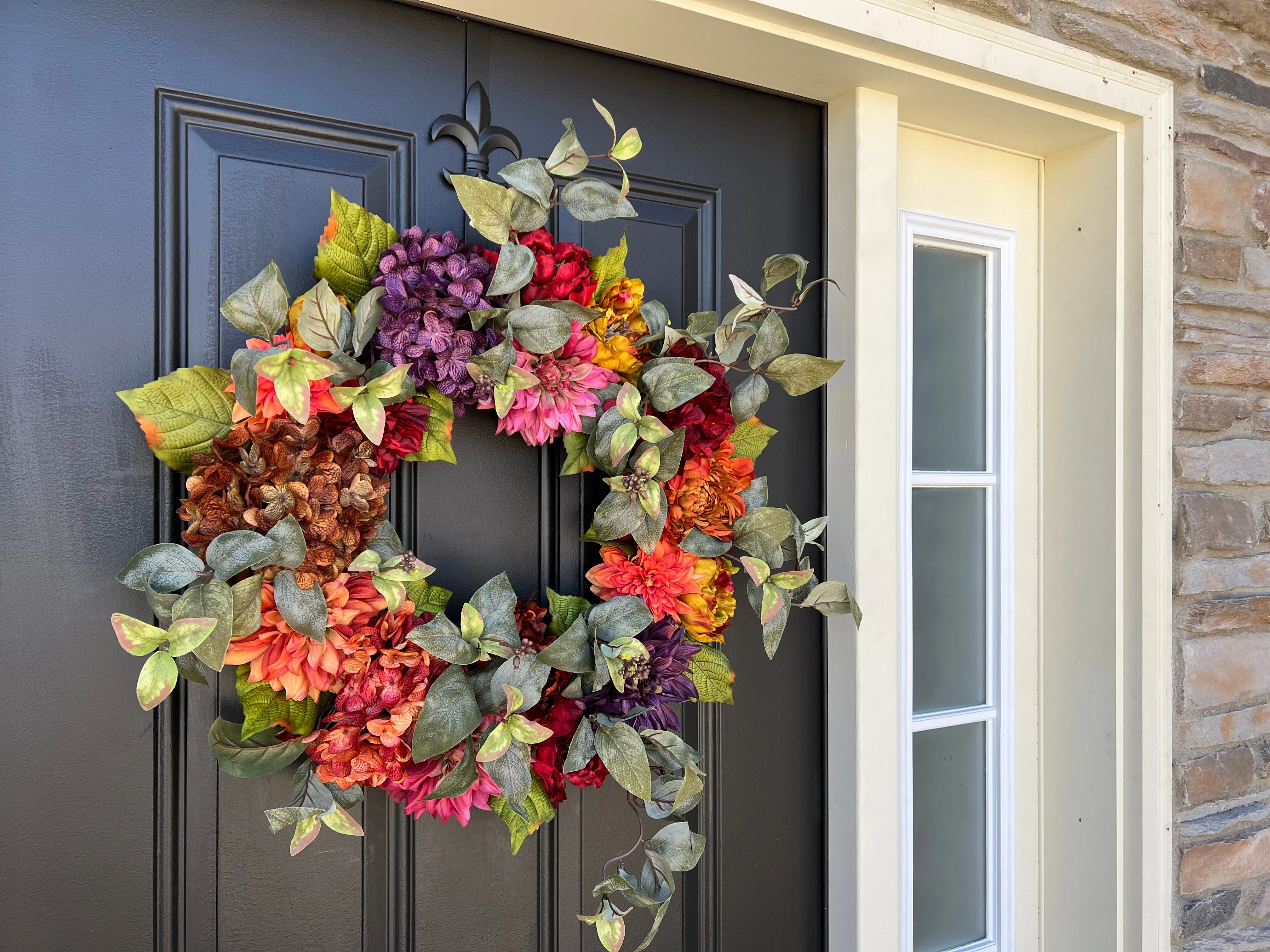 Vibrant Fall Front Door Wreath with Florals and Eucalyptus