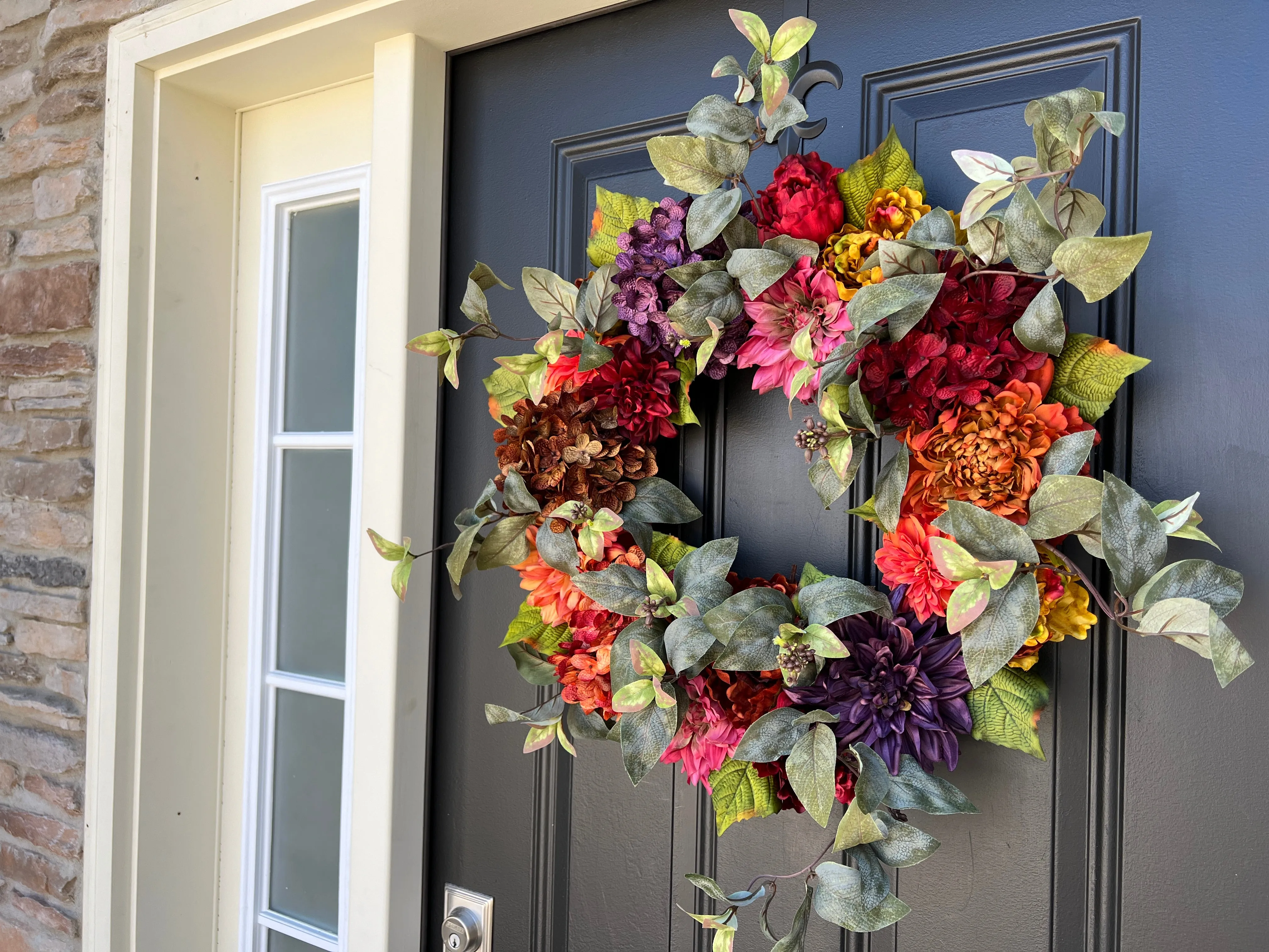 Vibrant Fall Front Door Wreath with Florals and Eucalyptus