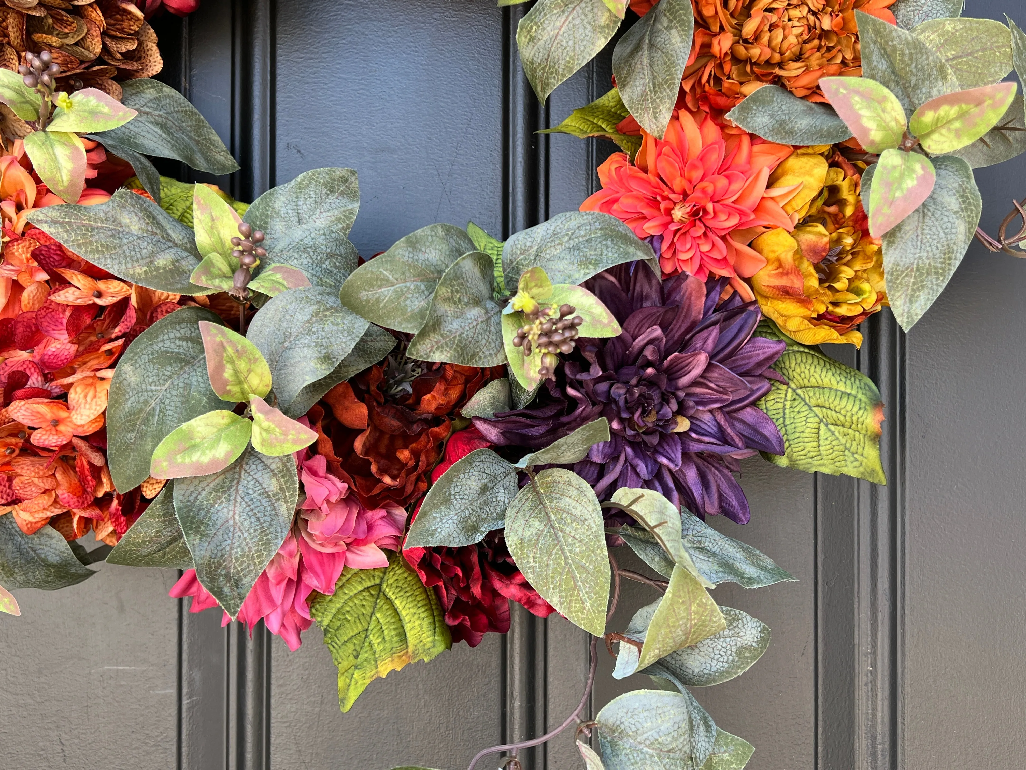 Vibrant Fall Front Door Wreath with Florals and Eucalyptus