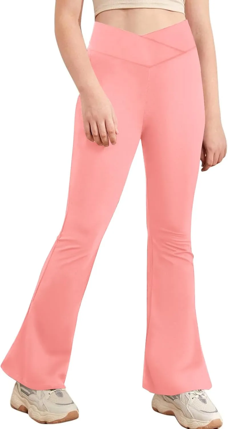 viehunt Girls Crossover High Waisted Flare Leggings Bootcut Solid Full Length Cute Yoga Pants