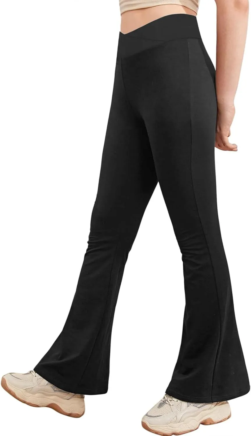 viehunt Girls Crossover High Waisted Flare Leggings Bootcut Solid Full Length Cute Yoga Pants