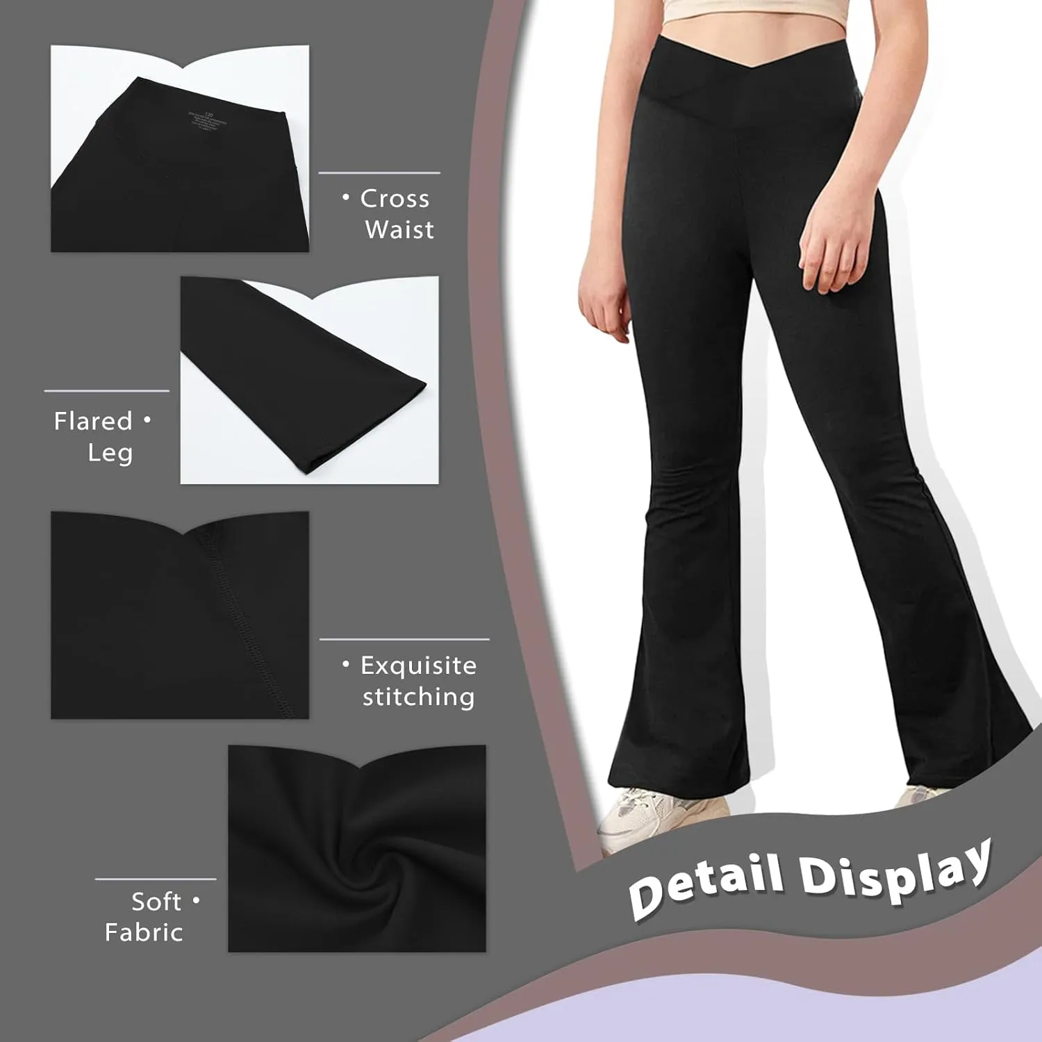 viehunt Girls Crossover High Waisted Flare Leggings Bootcut Solid Full Length Cute Yoga Pants