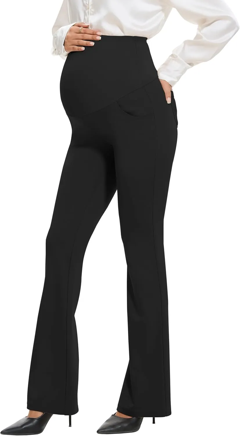 VIMPEP Womens Boot Cut Leg Maternity Yoga Pants High Waist Over The Belly Pregnancy Dress Pants Petite/Regular Pockets 3102