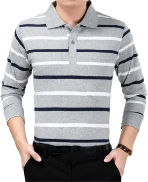 Vsadsau Men's Business Stripe Polo Shirt Casual Long Sleeve Buttons Lapel Cotton Top with Pockets