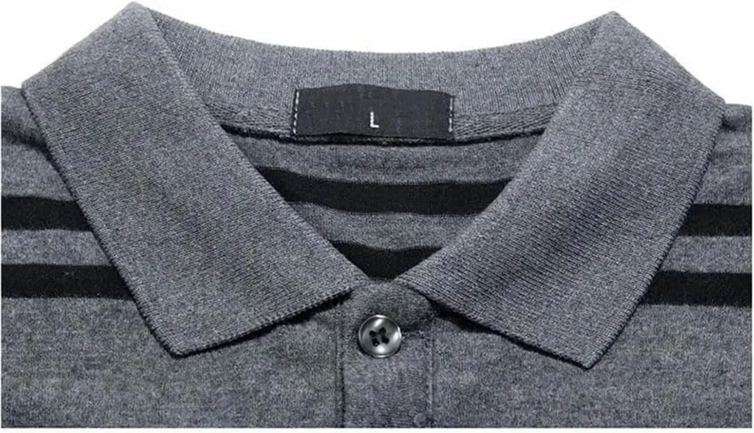 Vsadsau Men's Business Stripe Polo Shirt Casual Long Sleeve Buttons Lapel Cotton Top with Pockets