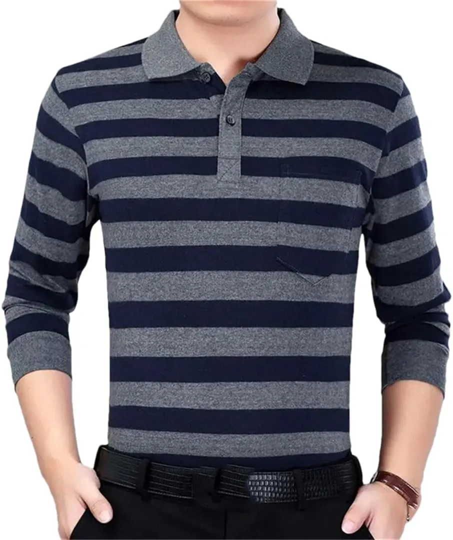 Vsadsau Men's Business Stripe Polo Shirt Casual Long Sleeve Buttons Lapel Cotton Top with Pockets