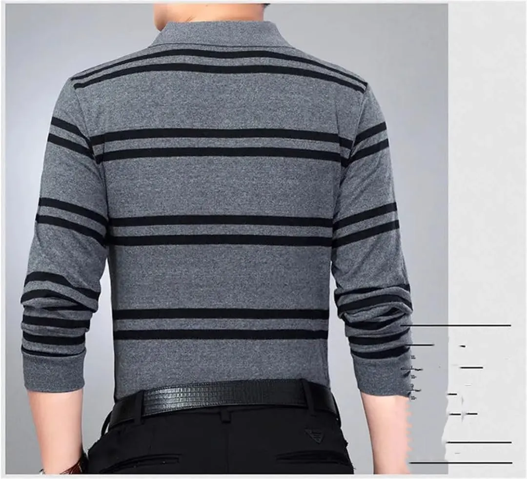 Vsadsau Men's Business Stripe Polo Shirt Casual Long Sleeve Buttons Lapel Cotton Top with Pockets
