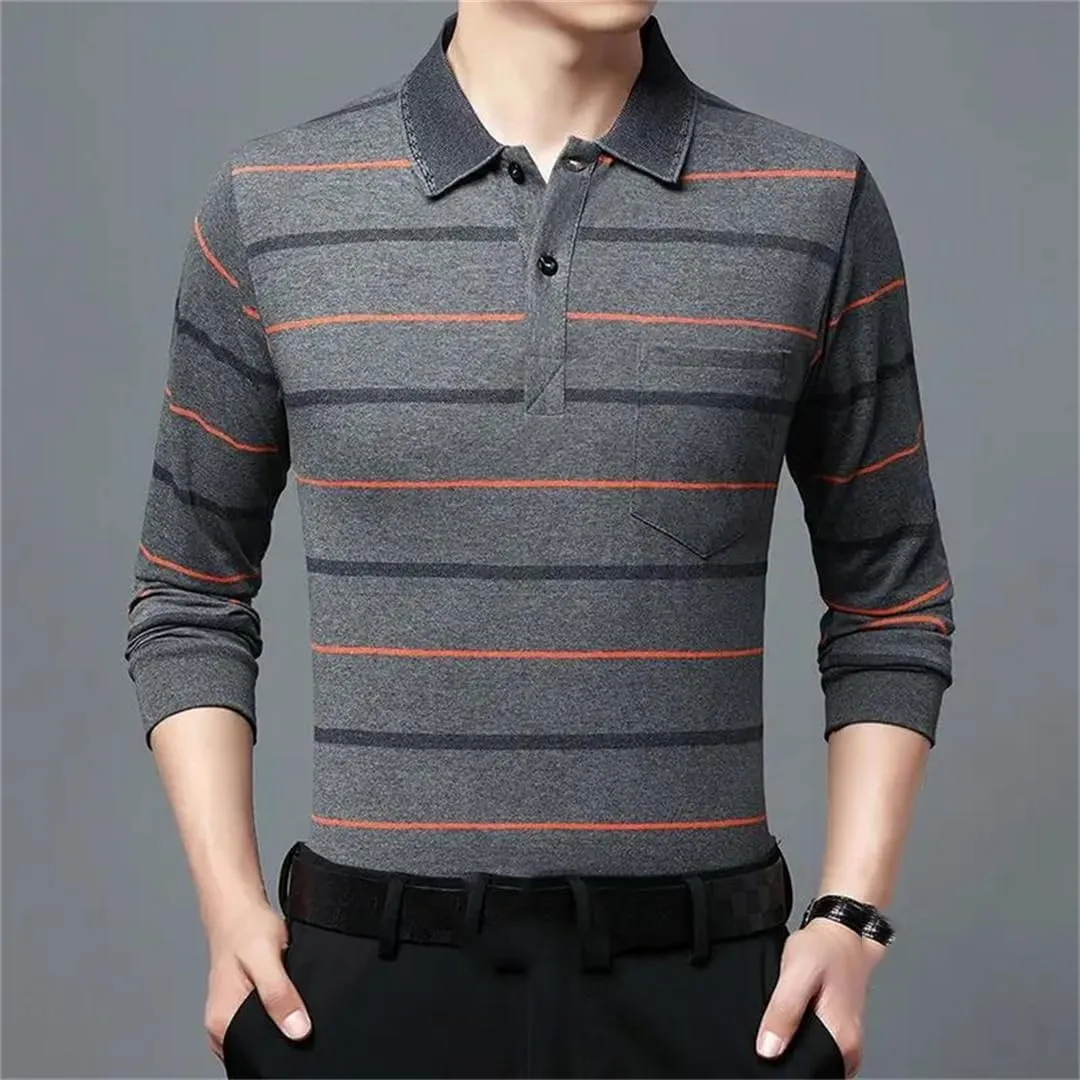 Vsadsau Men's Business Stripe Polo Shirt Casual Long Sleeve Buttons Lapel Cotton Top with Pockets