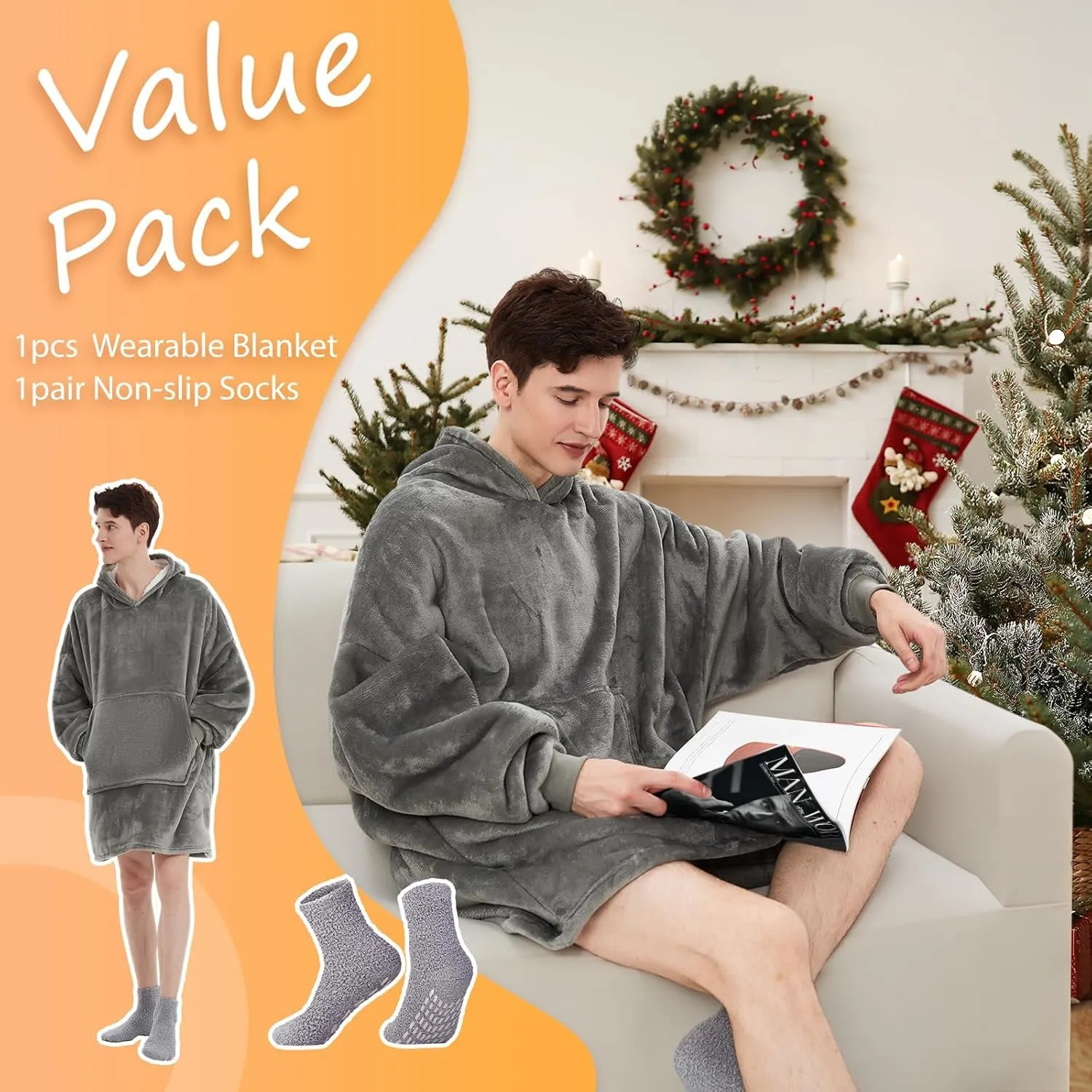 Wearable Blanket Hoodie with Fuzzy Socks - Perfect Gifts for Christmas, Mom, Dad