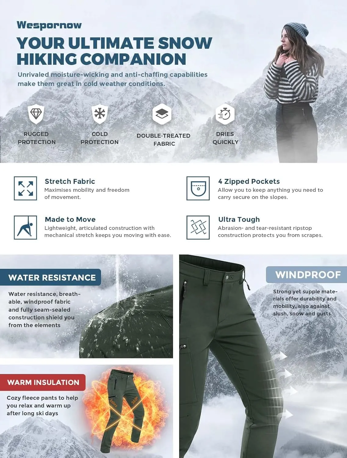 Wespornow Women's-Fleece-Lined-Hiking-Pants Snow-Ski-Pants Water-Resistance-Outdoor-Softshell-Insulated-Pants for Winter
