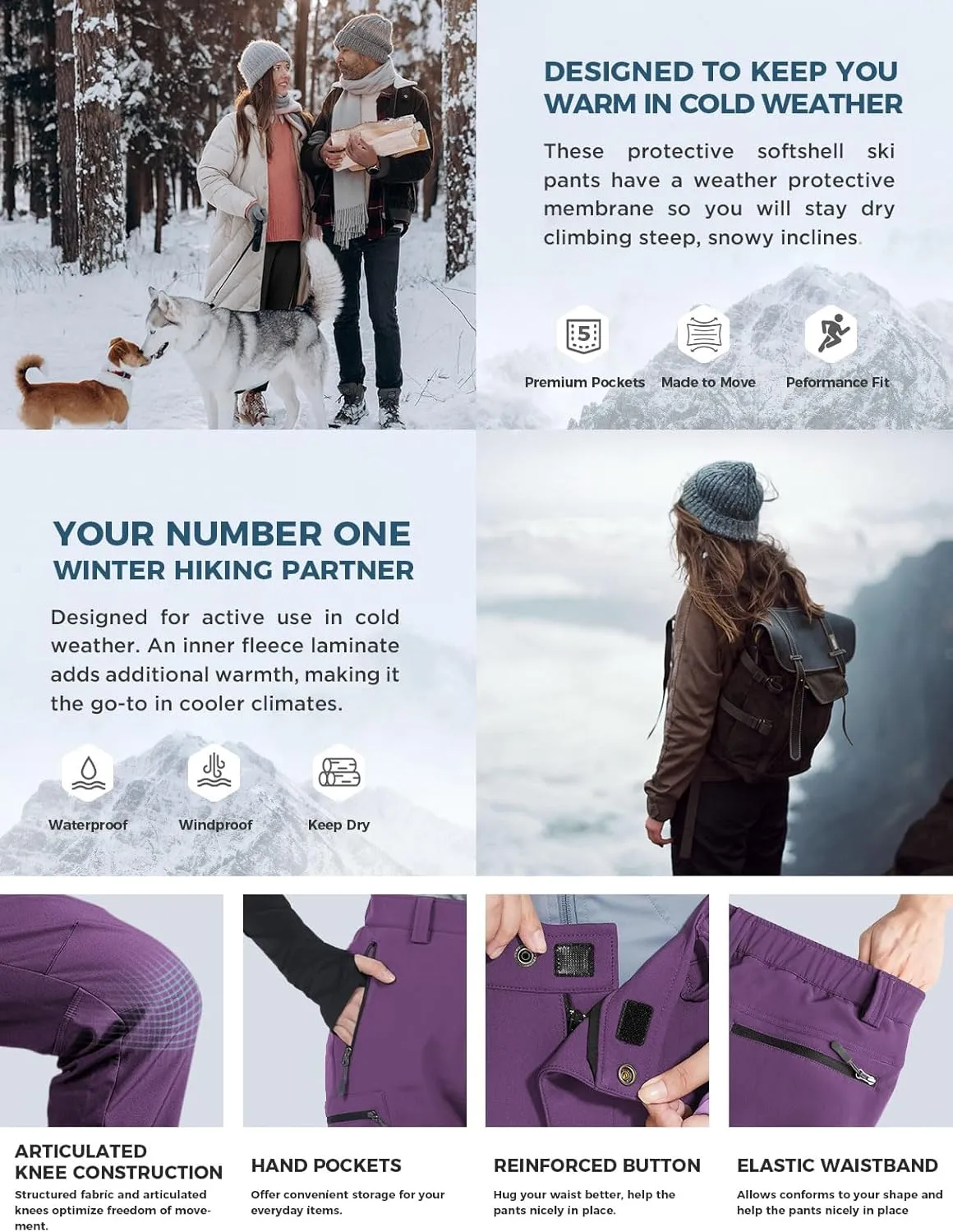 Wespornow Women's-Fleece-Lined-Hiking-Pants Snow-Ski-Pants Water-Resistance-Outdoor-Softshell-Insulated-Pants for Winter
