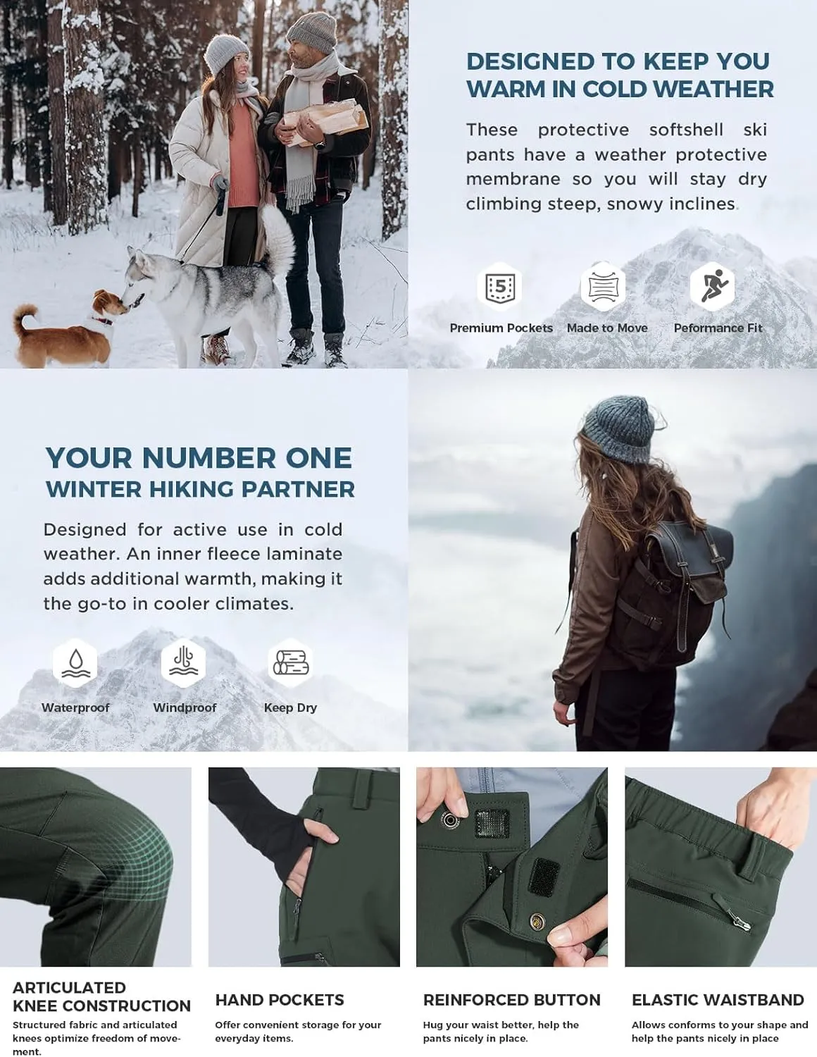 Wespornow Women's-Fleece-Lined-Hiking-Pants Snow-Ski-Pants Water-Resistance-Outdoor-Softshell-Insulated-Pants for Winter