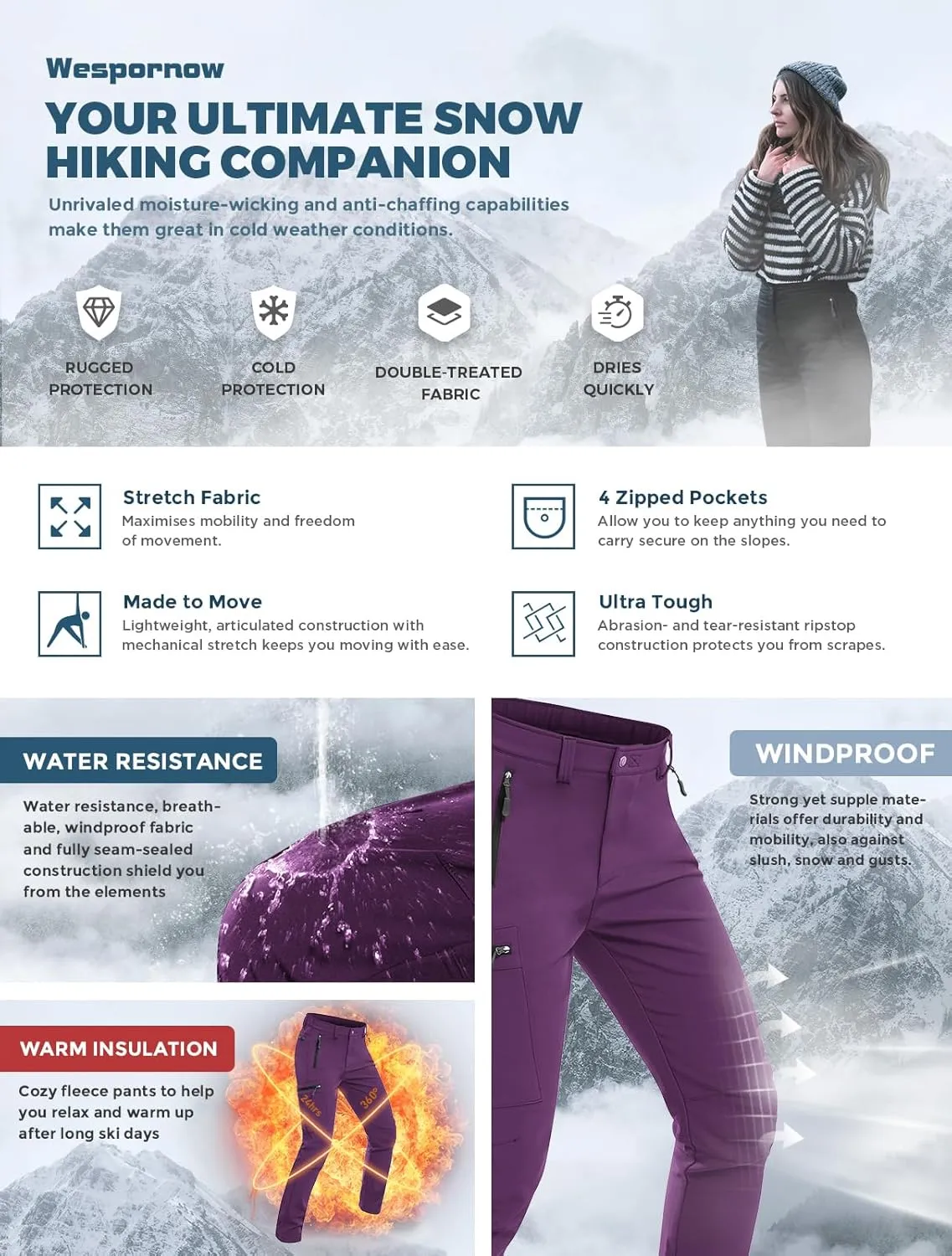 Wespornow Women's-Fleece-Lined-Hiking-Pants Snow-Ski-Pants Water-Resistance-Outdoor-Softshell-Insulated-Pants for Winter