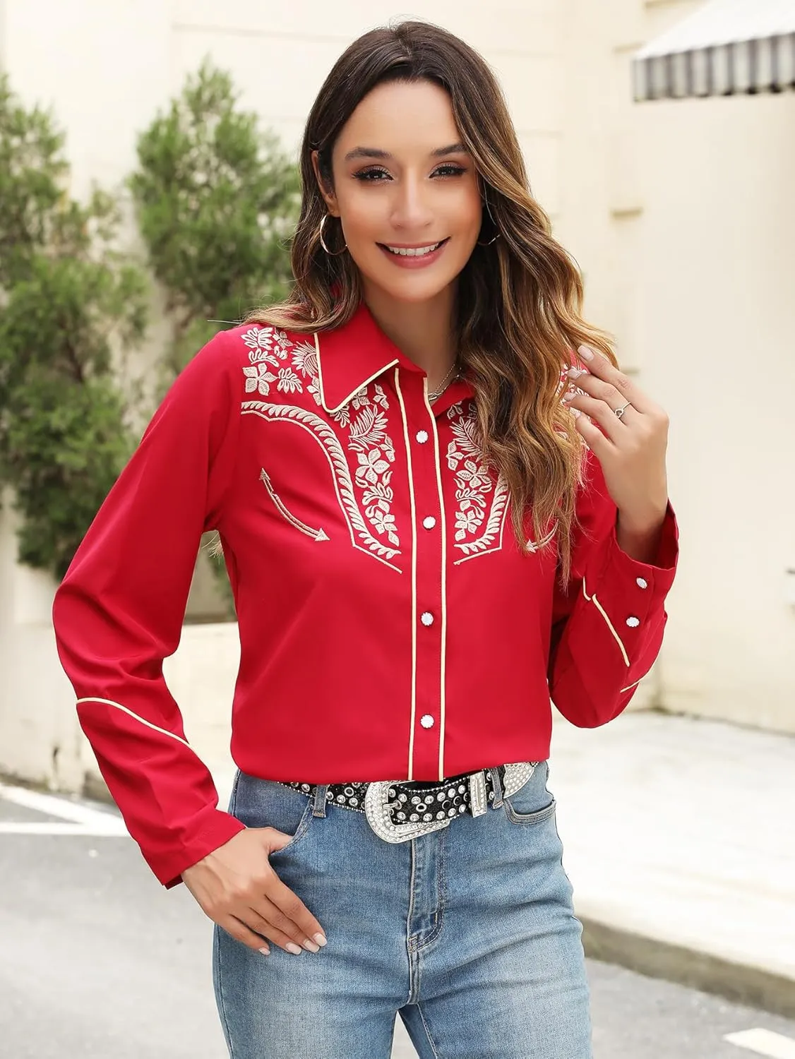 Western Shirts for Women Embroidered Long Sleeve Floral Button Up Rodeo Cowgirl Show Wear Ladies Clothes