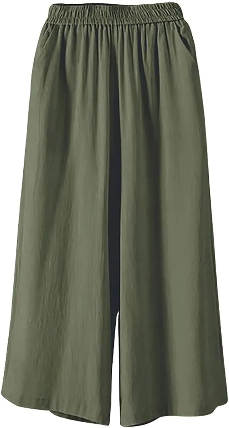 Wide Leg Linen Pants for Women Summer Capri Flowy Pants Casual Loose High Waist Trousers with Pockets