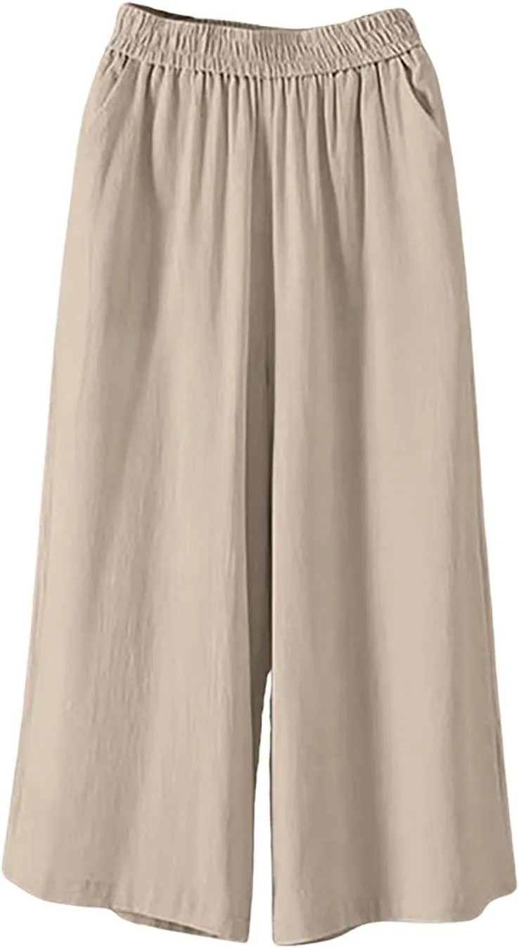 Wide Leg Linen Pants for Women Summer Capri Flowy Pants Casual Loose High Waist Trousers with Pockets