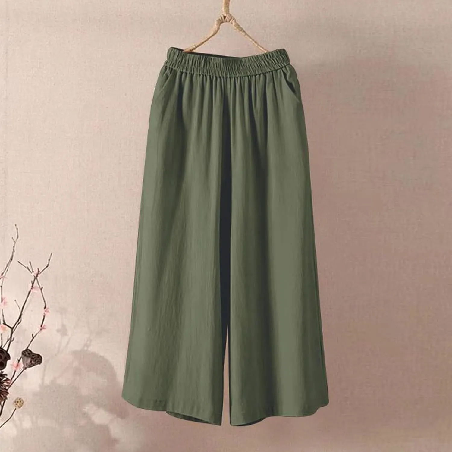 Wide Leg Linen Pants for Women Summer Capri Flowy Pants Casual Loose High Waist Trousers with Pockets