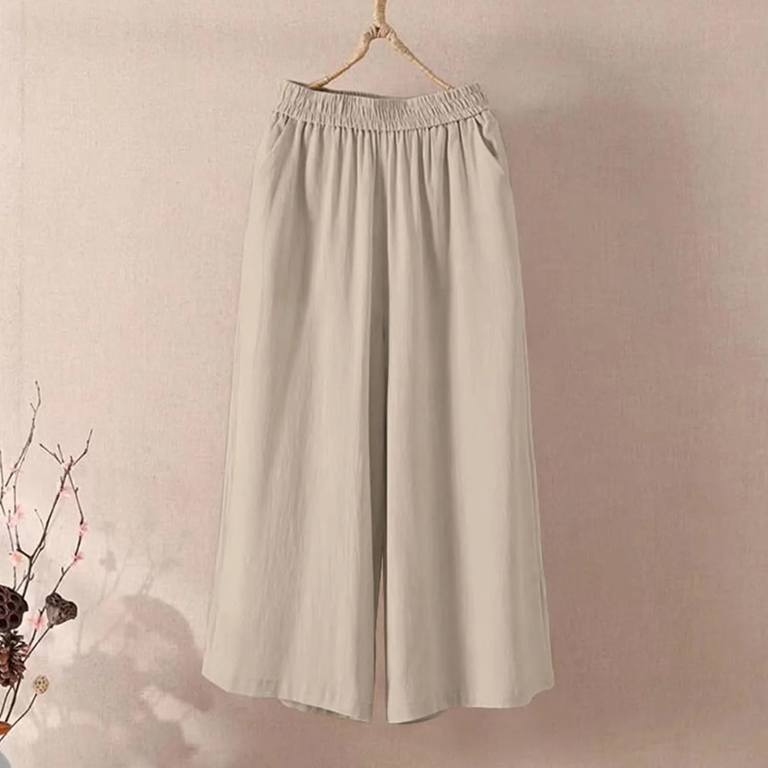 Wide Leg Linen Pants for Women Summer Capri Flowy Pants Casual Loose High Waist Trousers with Pockets