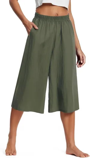 Wide Leg Linen Pants for Women Summer Capri Flowy Pants Casual Loose High Waist Trousers with Pockets