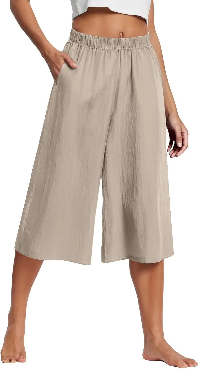 Wide Leg Linen Pants for Women Summer Capri Flowy Pants Casual Loose High Waist Trousers with Pockets