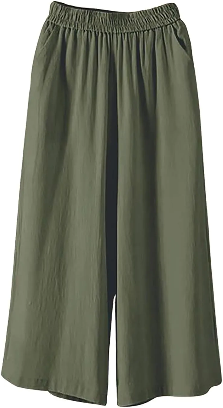 Wide Leg Linen Pants for Women Summer Capri Flowy Pants Casual Loose High Waist Trousers with Pockets